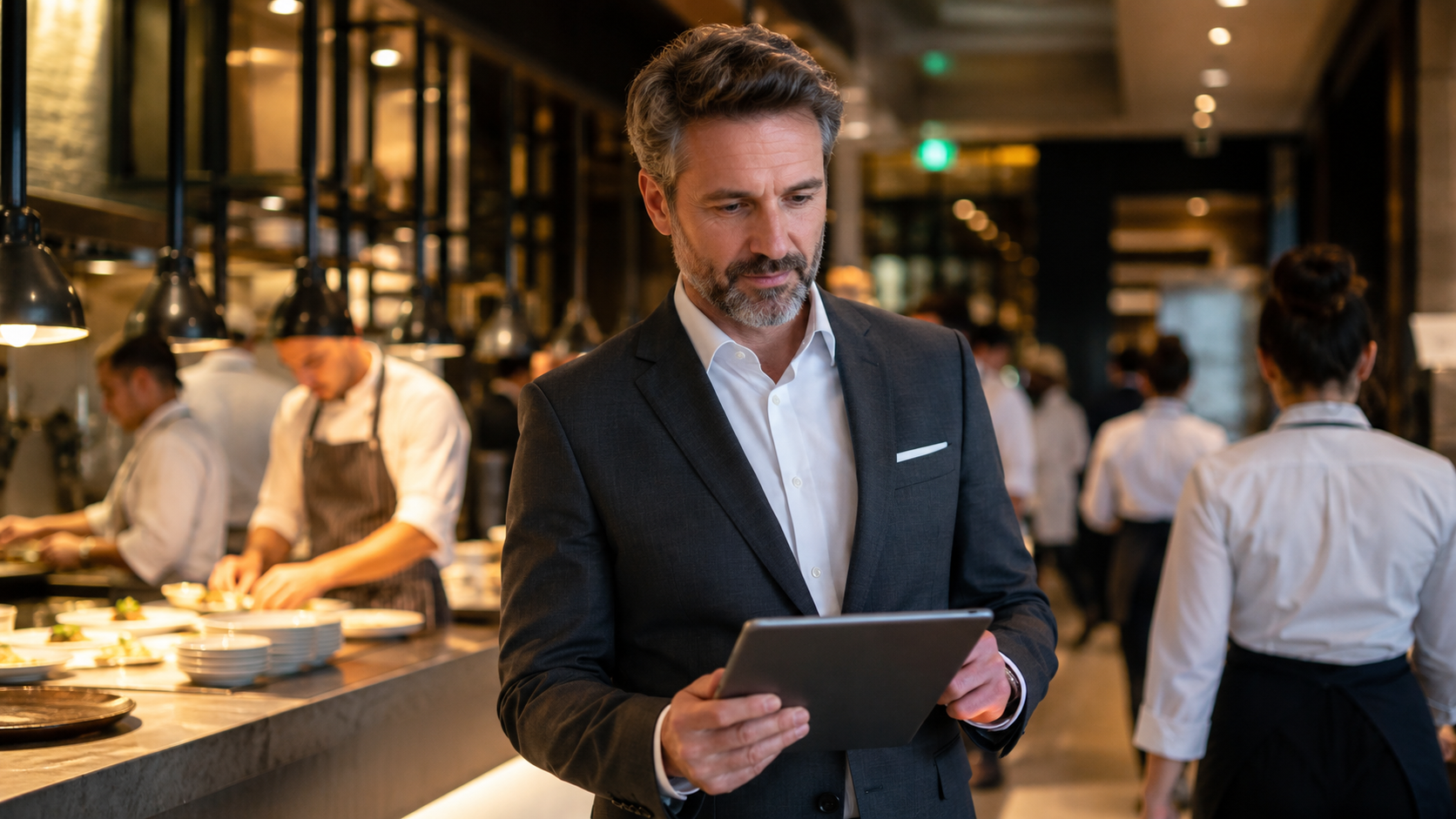 A restaurant manager reviewing service information
